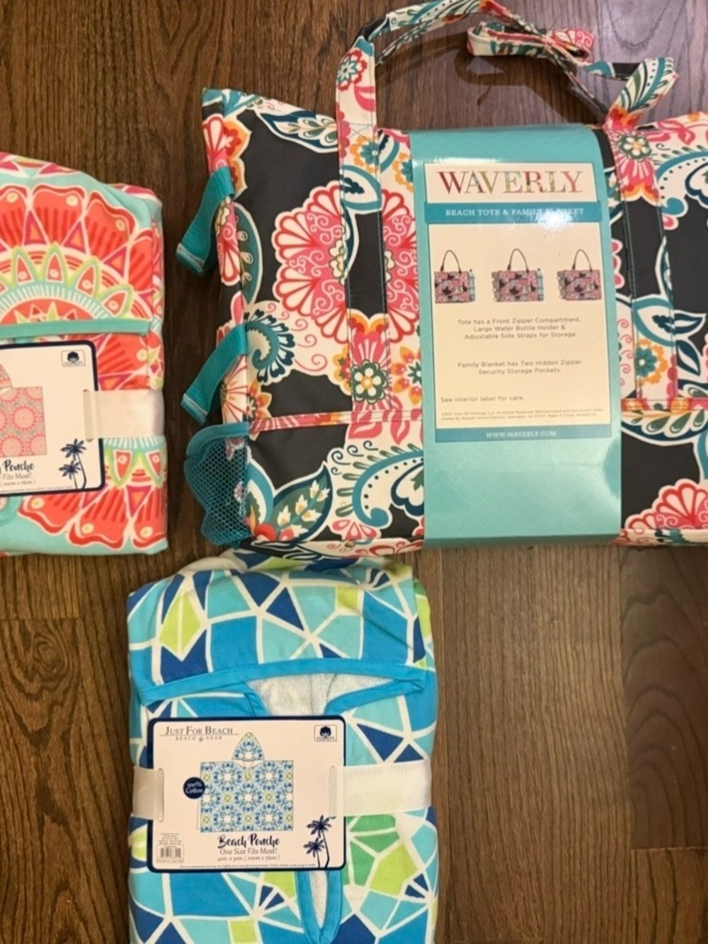 Waverly Multicolor Floral Tote & 2 Beach Ponchos NWT- Teal, Coral, Navy